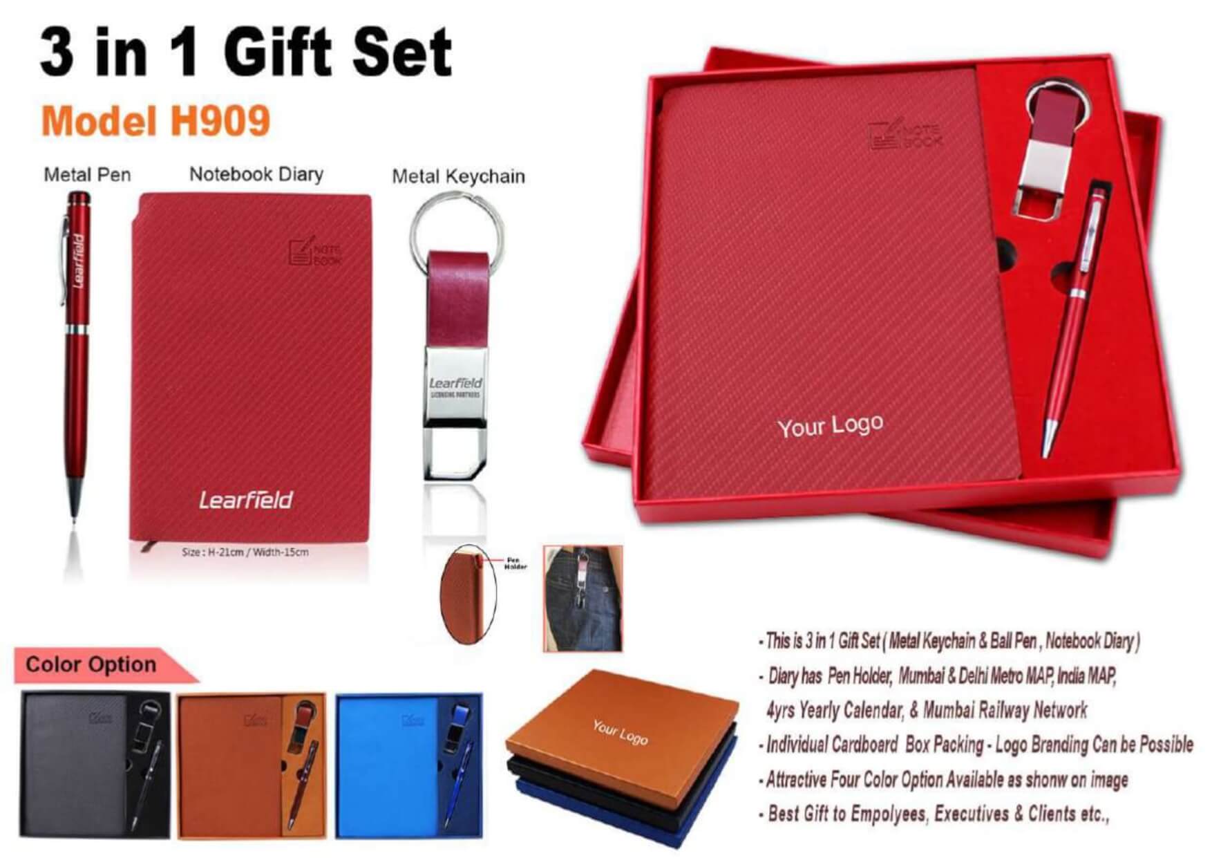 Diary, Pen and Keychain 3 in 1 Gift Set - 909